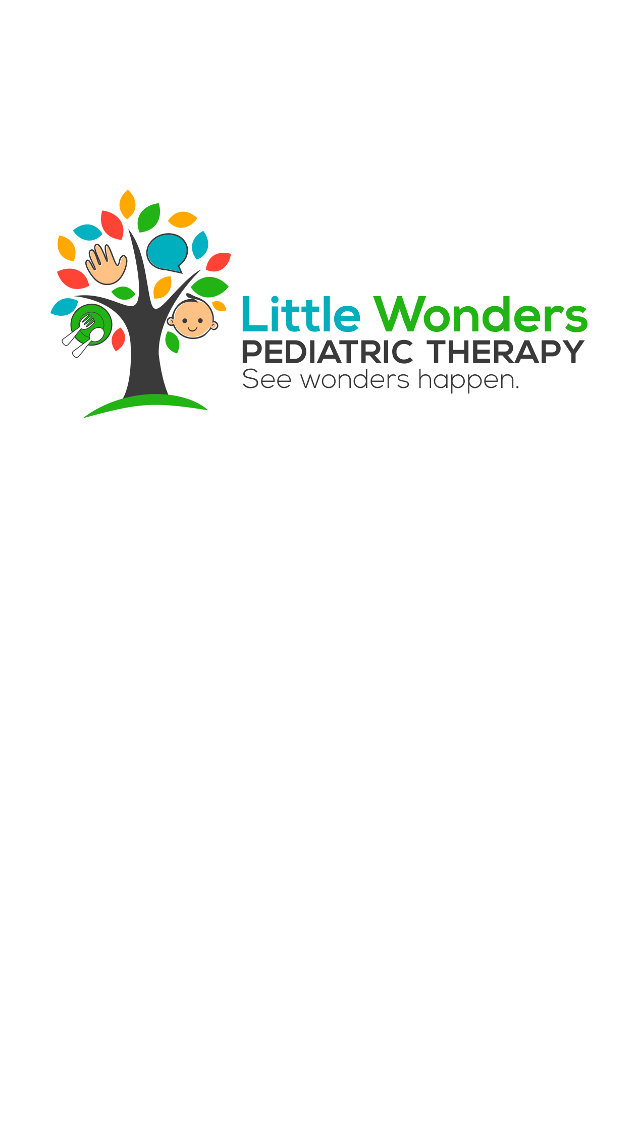 Logo for Little Wonders Pediatric Therapy featuring a colorful tree and the slogan See wonders happen.